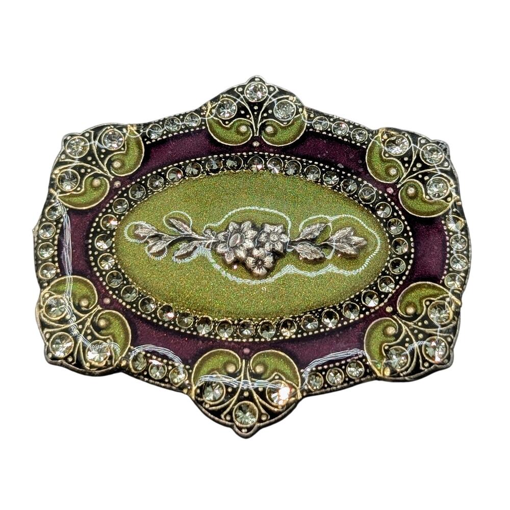 Vintage Catherine Popesco Made in France Green Burgundy Enamel Marcasite Brooch